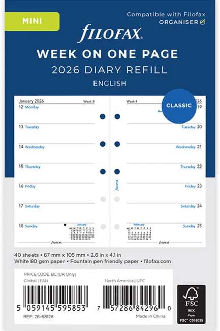 ΗΜΕΡΟΛΟΓΙΟ FILOFAX 26 MINI ΕΒΔΟΜΑΔΑ ΣΕ 1 ΣΕΛΙΔΑ ΑΓΓΛΙΚΟ