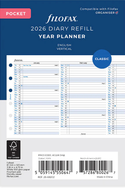 ΗΜΕΡΟΛΟΓΙΟ FILOFAX 26 PKT ΠΛΑΝΟ ΕΤΗΣΙΟ ΚΑΘΕΤΟ ΑΓΓΛΙΚΟ