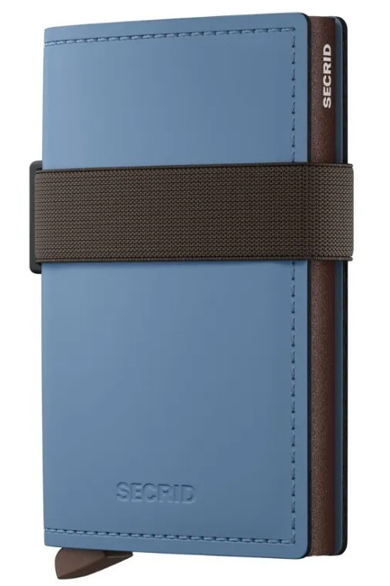 ΚΑΡΤΟΘΗΚΗ ΓΙΑ 10 ΚΑΡΤΕΣ LEATHER SECRID RFID SAFE MINI WALLET MATTE STEEL BLUE-BROWN ΜΕ ΛΑΣΤΙΧΟ