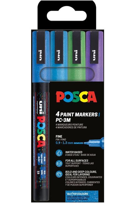 ΜΑΡΚΑΔΟΡΟΣ ΖΩΓΡΑΦΙΚΗΣ UNI POSCA PC-3M 0,9-1,3mm.ΣΕΤ 4ΤΕΜ.GLITTER COOL