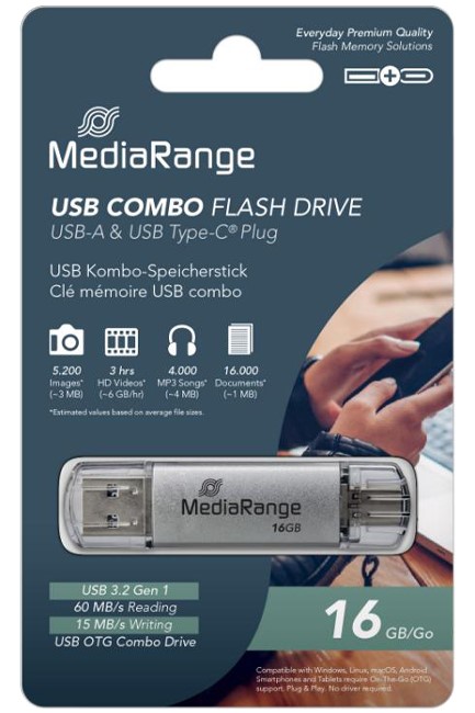 MEMORY USB 16GB 3.1 ΜΕ TYPE-C COMBO MEDIARANGE SILVER (MR935)