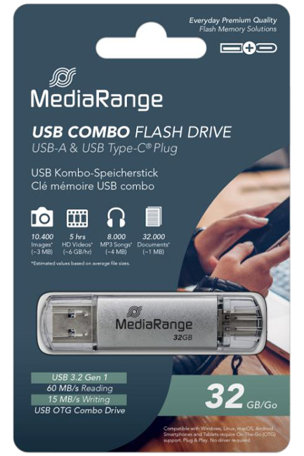 MEMORY USB 32GB 3.0 ΜΕ TYPE-C COMBO MEDIARANGE SILVER (MR936)