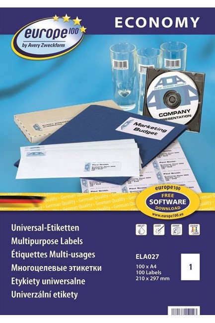 ΕΤΙΚΕΤΕΣ INKJET/LASER/COPIER 210*297mm.100Φ.EUROPE 100 ECONOMY ELA027
