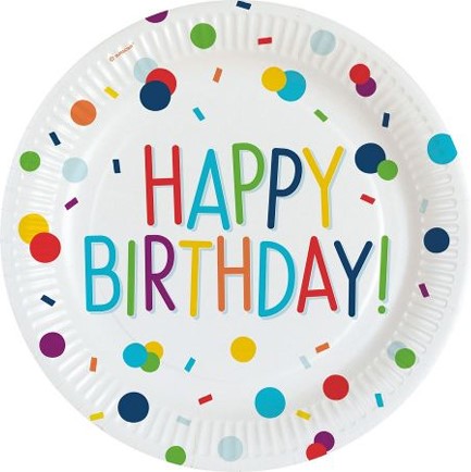 ΠΙΑΤΑ Ø23cm.ΣΕΤ 8ΤΕΜ.CONFETTI HAPPY BIRTHDAY